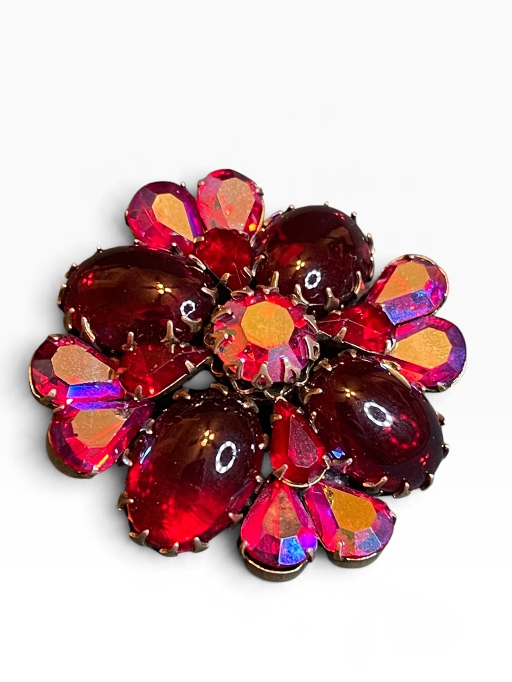 Vintage Unsigned Regency Red Glass Cabochon & Pink AB Rhinestone Brooch